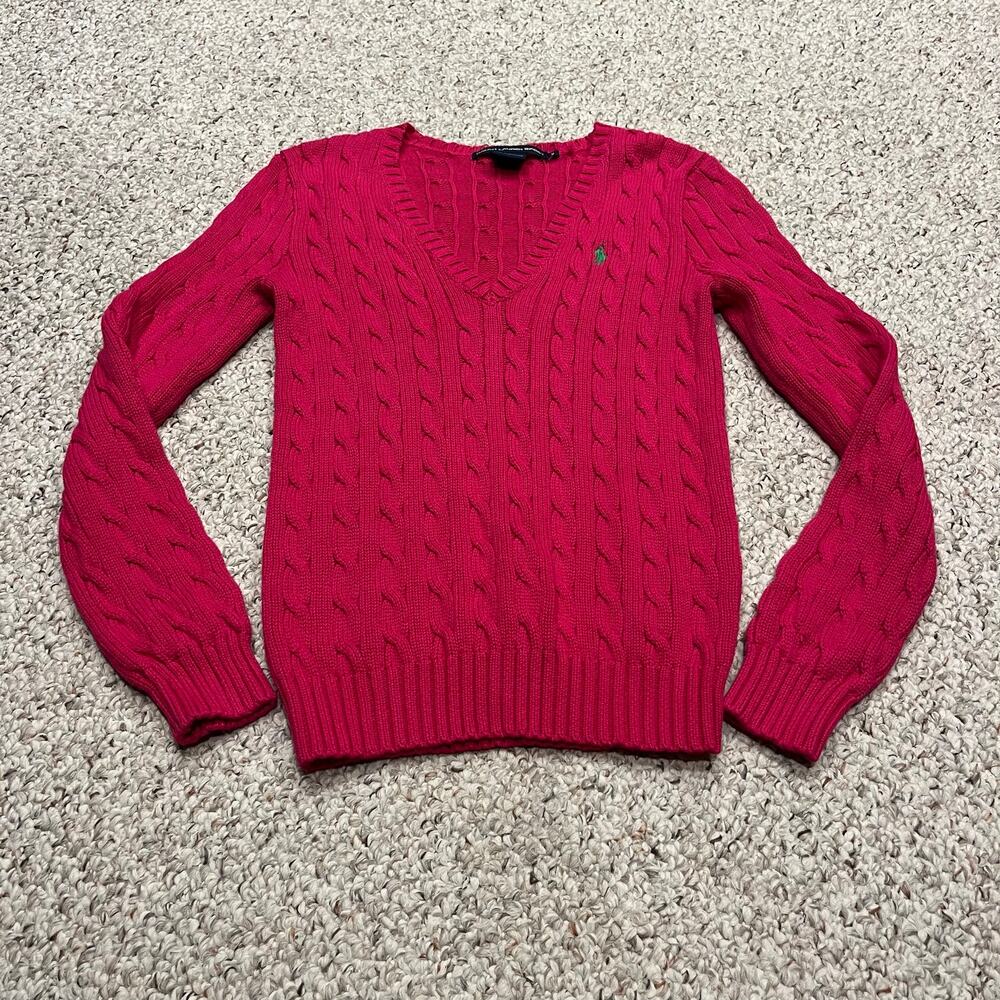 Ralph Lauren Sport V Neck Cable Knit Sweater M Pink Preppy Old Money Classic